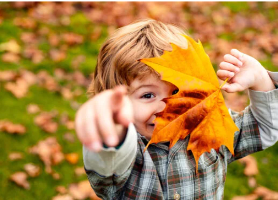 boy pointing at camera while holding a yellow leaf